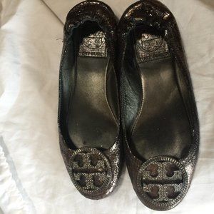 Tory Burch Silver Reva Flats Leather Glitter